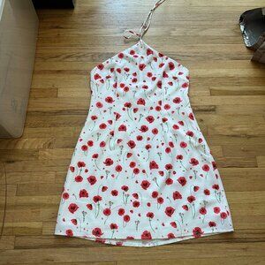 Princess Polly White Summery Halter Dress with Red Flower Print - size 6